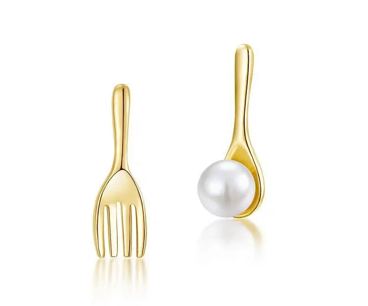High Luster Akoya Pearl 18K Yellow Gold Cute Spoon Fork Stud Etsy