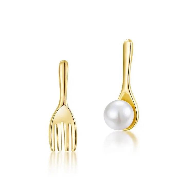 High Luster Akoya Pearl 18K Yellow Gold Cute Spoon Fork Stud Etsy