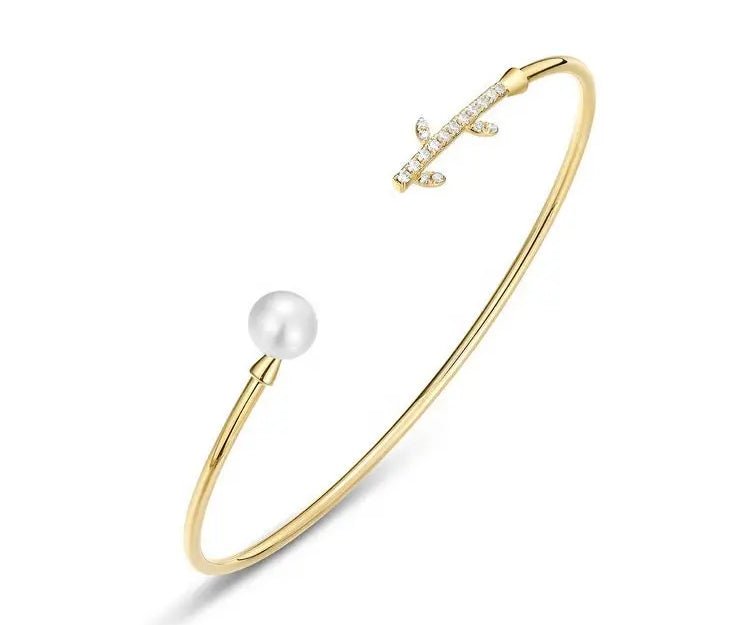 High Luster Pearl with White Diamonds Handmade 14K Yellow Solid Gold Pearl Bangles - LaCorserArtJewelry