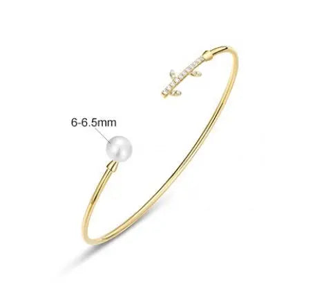 High Luster Pearl with White Diamonds Handmade 14K Yellow Solid Gold Pearl Bangles - LaCorserArtJewelry