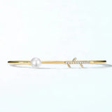 High Luster Pearl with White Diamonds Handmade 14K Yellow Solid Gold Pearl Bangles - LaCorserArtJewelry