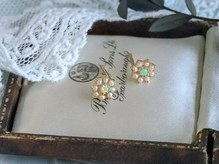 Bead Pearl with Opal 14K Yellow Gold Plated Vermeil Pearl Earrings, Opal Earrings, Anniversary Gift, Retro Jewelry Etsy
