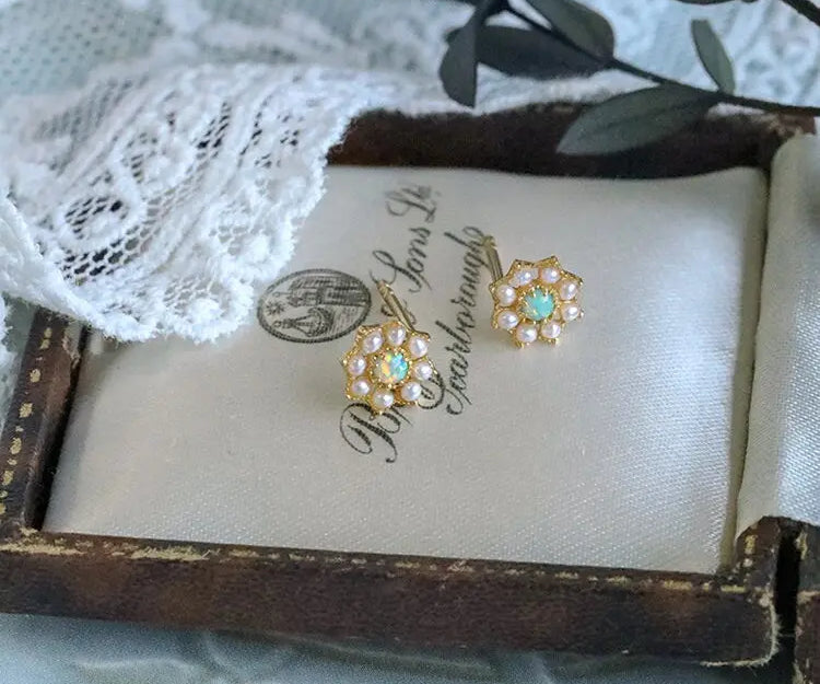 Bead Pearl with Opal 14K Yellow Gold Plated Vermeil Pearl Earrings, Opal Earrings, Anniversary Gift, Retro Jewelry Etsy