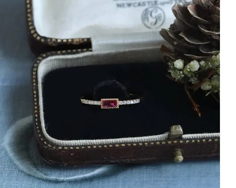 Blue & Red Gemstone Horizontal Stone Ring Handmade 18K Yellow Gold Plated Vermeil Ring, Anniversary Gift Idea, Stackable Rings, Gift for Her - LaCorserArtJewelry