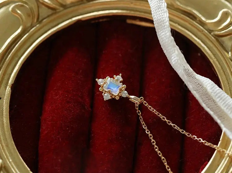 Natural Moonstone & White Diamond Handmade 18k Solid Yellow Gold Moonstone Necklace, Gift for Her, Anniversary Gift Idea, Retro Fine Jewelry Etsy