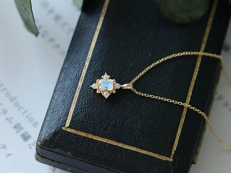 Natural Moonstone & White Diamond Handmade 18k Solid Yellow Gold Moonstone Necklace, Gift for Her, Anniversary Gift Idea, Retro Fine Jewelry Etsy