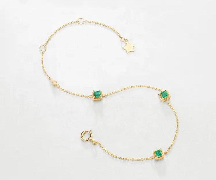 Three Emerald with White Diamonds Handmade 18k Yellow Solid Gold Bracelet, Gift for Her, Anniversary Gift, Fine Jewelry, Adjustable Bracelet Etsy