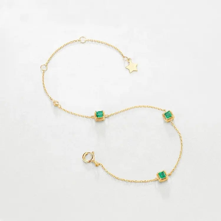 Three Emerald with White Diamonds Handmade 18k Yellow Solid Gold Bracelet, Gift for Her, Anniversary Gift, Fine Jewelry, Adjustable Bracelet Etsy