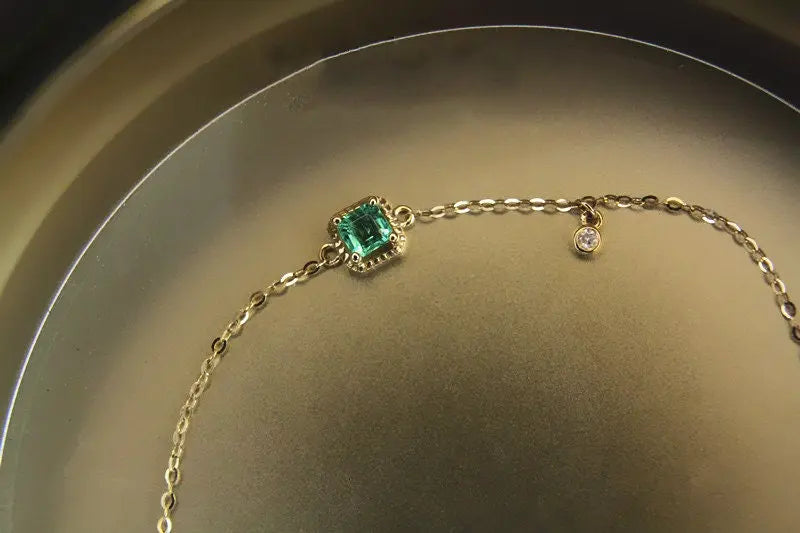 Emerald with White Diamonds Handmade 18k Yellow Solid Gold Bracelet, Gift for Her, Anniversary Gift, Fine Jewelry, Adjustable Bracelet - LaCorserArtJewelry