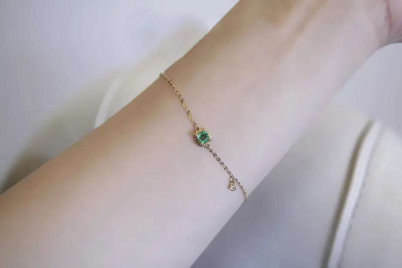 Emerald with White Diamonds Handmade 18k Yellow Solid Gold Bracelet, Gift for Her, Anniversary Gift, Fine Jewelry, Adjustable Bracelet - LaCorserArtJewelry