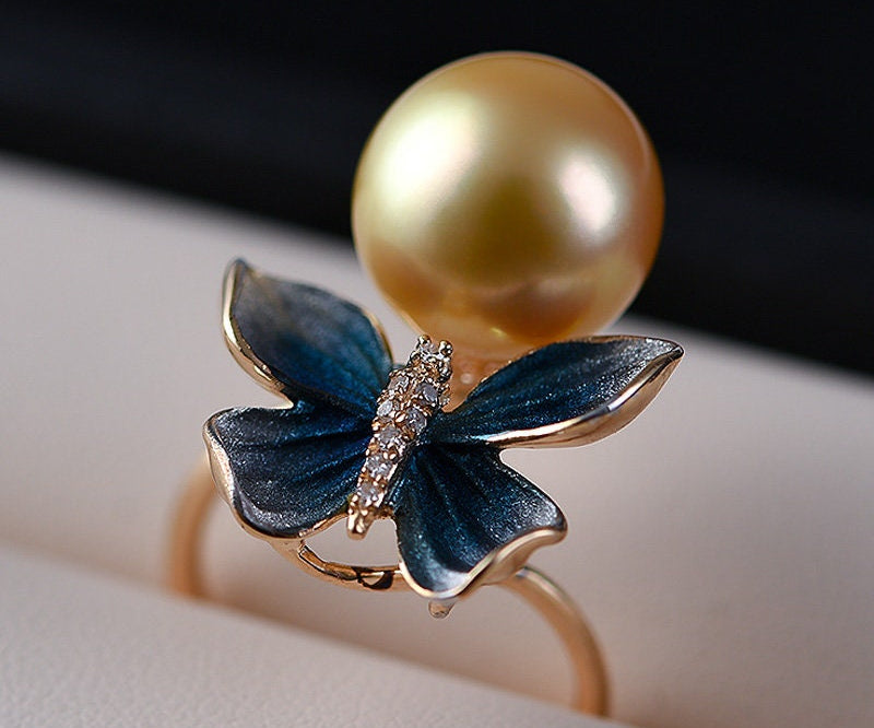 Butterfly Natural Golden South Sea Pearl & White Diamond Ring 18K Solid Yellow Gold Golden Pearl Ring, Gift for Her, Seawater Pearl Etsy