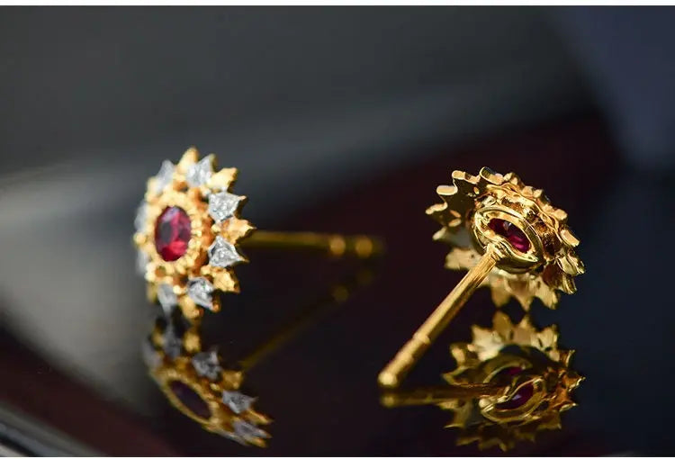 Natural Red Ruby & White Diamond 18K Solid Yellow Gold White Diamond Earrings, Bridal Earring, Anniversary Gift, Retro Earring Etsy