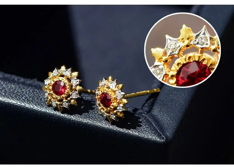 Natural Red Ruby & White Diamond 18K Solid Yellow Gold White Diamond Earrings, Bridal Earring, Anniversary Gift, Retro Earring Etsy