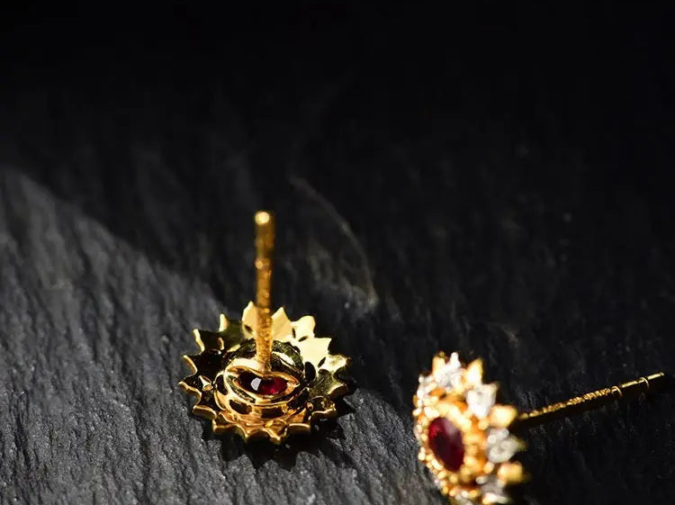 Natural Red Ruby & White Diamond 18K Solid Yellow Gold White Diamond Earrings, Bridal Earring, Anniversary Gift, Retro Earring Etsy
