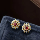 Natural Red Ruby & White Diamond 18K Solid Yellow Gold White Diamond Earrings, Bridal Earring, Anniversary Gift, Retro Earring Etsy
