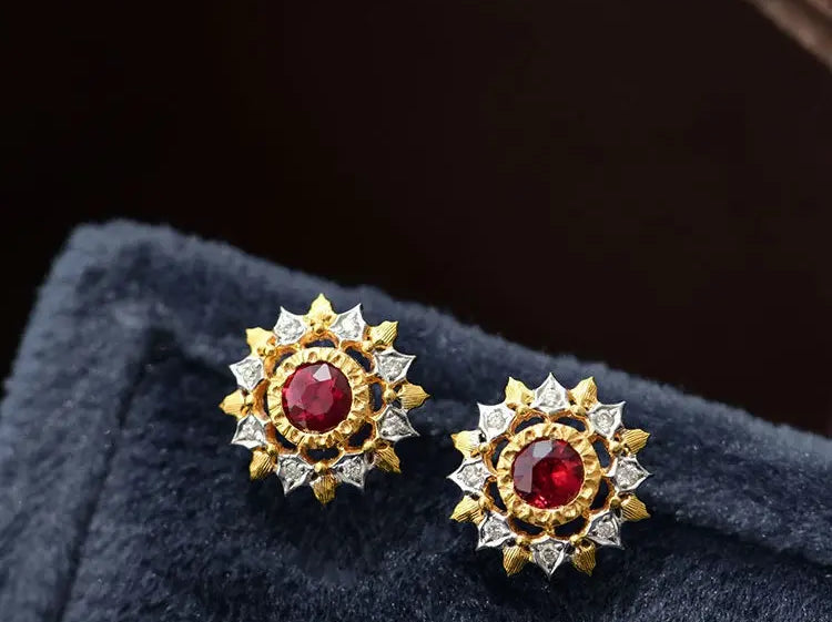Natural Red Ruby & White Diamond 18K Solid Yellow Gold White Diamond Earrings, Bridal Earring, Anniversary Gift, Retro Earring Etsy