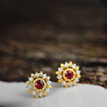 Natural Red Ruby & White Diamond 18K Solid Yellow Gold White Diamond Earrings, Bridal Earring, Anniversary Gift, Retro Earring Etsy