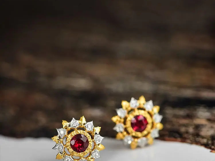 Natural Red Ruby & White Diamond 18K Solid Yellow Gold White Diamond Earrings, Bridal Earring, Anniversary Gift, Retro Earring Etsy