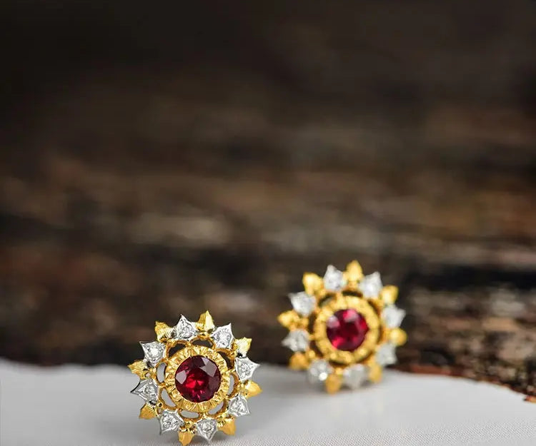 Natural Red Ruby & White Diamond 18K Solid Yellow Gold White Diamond Earrings, Bridal Earring, Anniversary Gift, Retro Earring Etsy