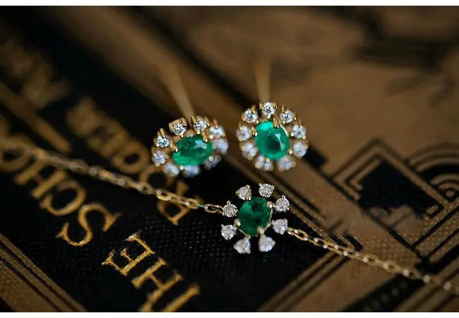 Emerald with Diamond 14k Yellow Solid Gold Earrings, Gift for Her, Anniversary Gift, Fine Jewelry, Gift Idea - LaCorserArtJewelry