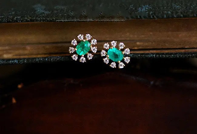 Emerald with Diamond 14k Yellow Solid Gold Earrings, Gift for Her, Anniversary Gift, Fine Jewelry, Gift Idea - LaCorserArtJewelry