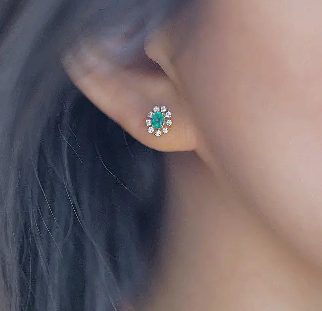Emerald with Diamond 14k Yellow Solid Gold Earrings, Gift for Her, Anniversary Gift, Fine Jewelry, Gift Idea - LaCorserArtJewelry