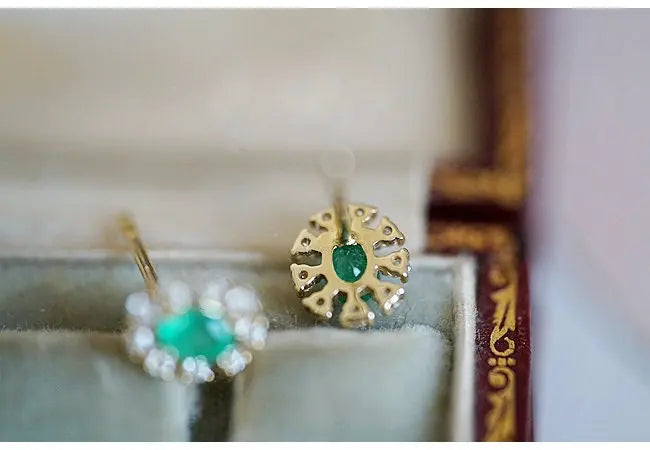 Emerald with Diamond 14k Yellow Solid Gold Earrings, Gift for Her, Anniversary Gift, Fine Jewelry, Gift Idea - LaCorserArtJewelry