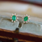 Emerald with Diamond 14k Yellow Solid Gold Earrings, Gift for Her, Anniversary Gift, Fine Jewelry, Gift Idea - LaCorserArtJewelry