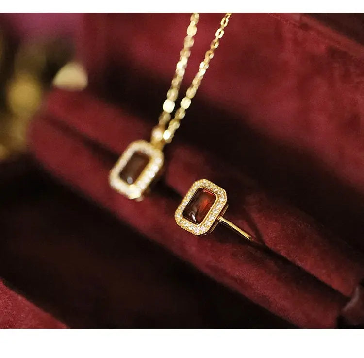 Natural Garnet Handmade 18K Solid Yellow Gold Garnet Ring, Garnet Necklace Gift for Her, Anniversary Gift Idea, Retro Jewelry Etsy