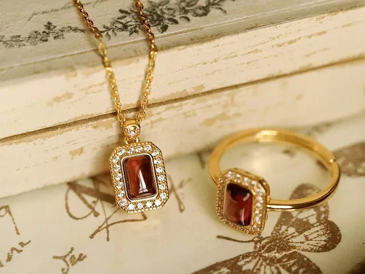 Natural Garnet Handmade 18K Solid Yellow Gold Garnet Ring, Garnet Necklace Gift for Her, Anniversary Gift Idea, Retro Jewelry Etsy