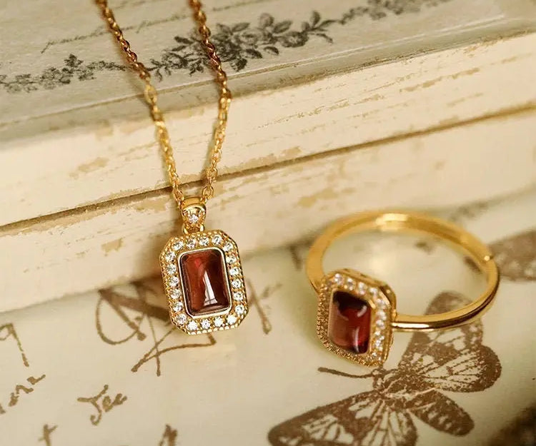 Natural Garnet Handmade 18K Solid Yellow Gold Garnet Ring, Garnet Necklace Gift for Her, Anniversary Gift Idea, Retro Jewelry Etsy