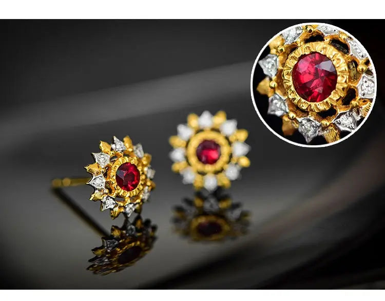 Natural Red Ruby & White Diamond 18K Solid Yellow Gold White Diamond Earrings, Bridal Earring, Anniversary Gift, Retro Earring Etsy