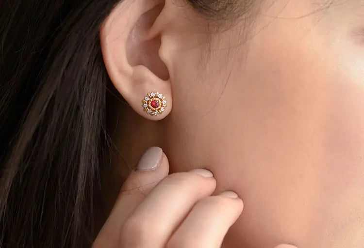 Natural Red Ruby & White Diamond 18K Solid Yellow Gold White Diamond Earrings, Bridal Earring, Anniversary Gift, Retro Earring Etsy