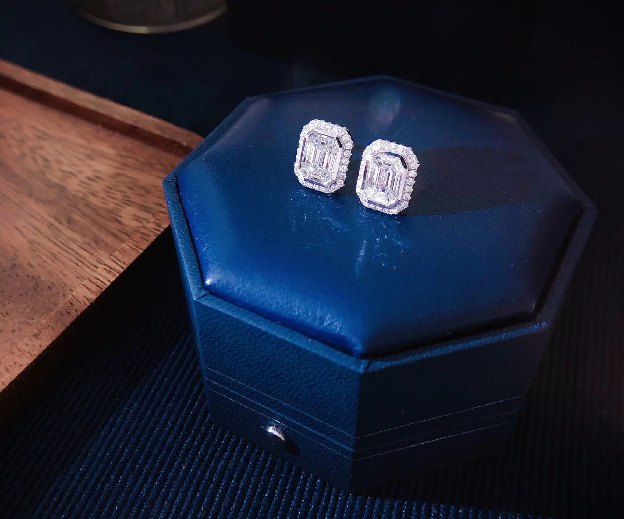 Flannel and Leather Ring Earrings Box Double Octagon - Sapphire Blue  | Double Octagon Box - Engagement & Wedding Set Elegant Keepsake Box - LaCorserArtJewelry