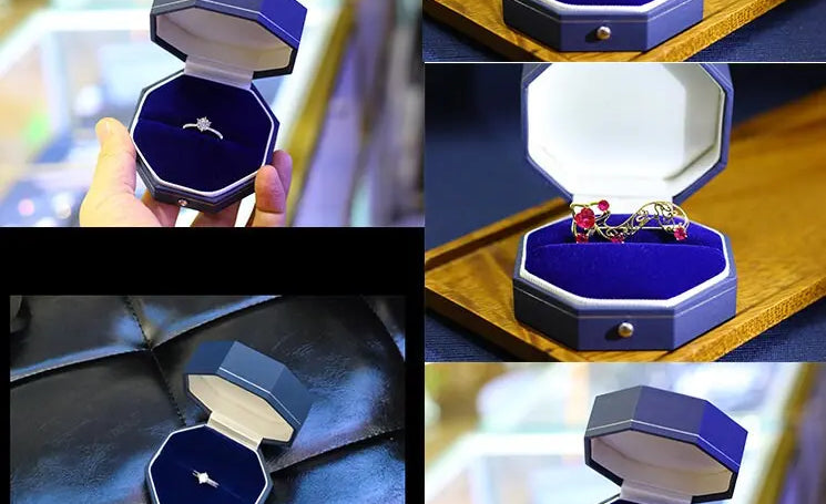 Flannel and Leather Ring Earrings Box Double Octagon - Sapphire Blue  | Double Octagon Box - Engagement & Wedding Set Elegant Keepsake Box - LaCorserArtJewelry
