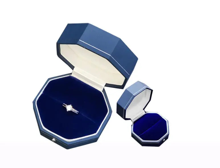 Flannel and Leather Ring Earrings Box Double Octagon - Sapphire Blue  | Double Octagon Box - Engagement & Wedding Set Elegant Keepsake Box - LaCorserArtJewelry