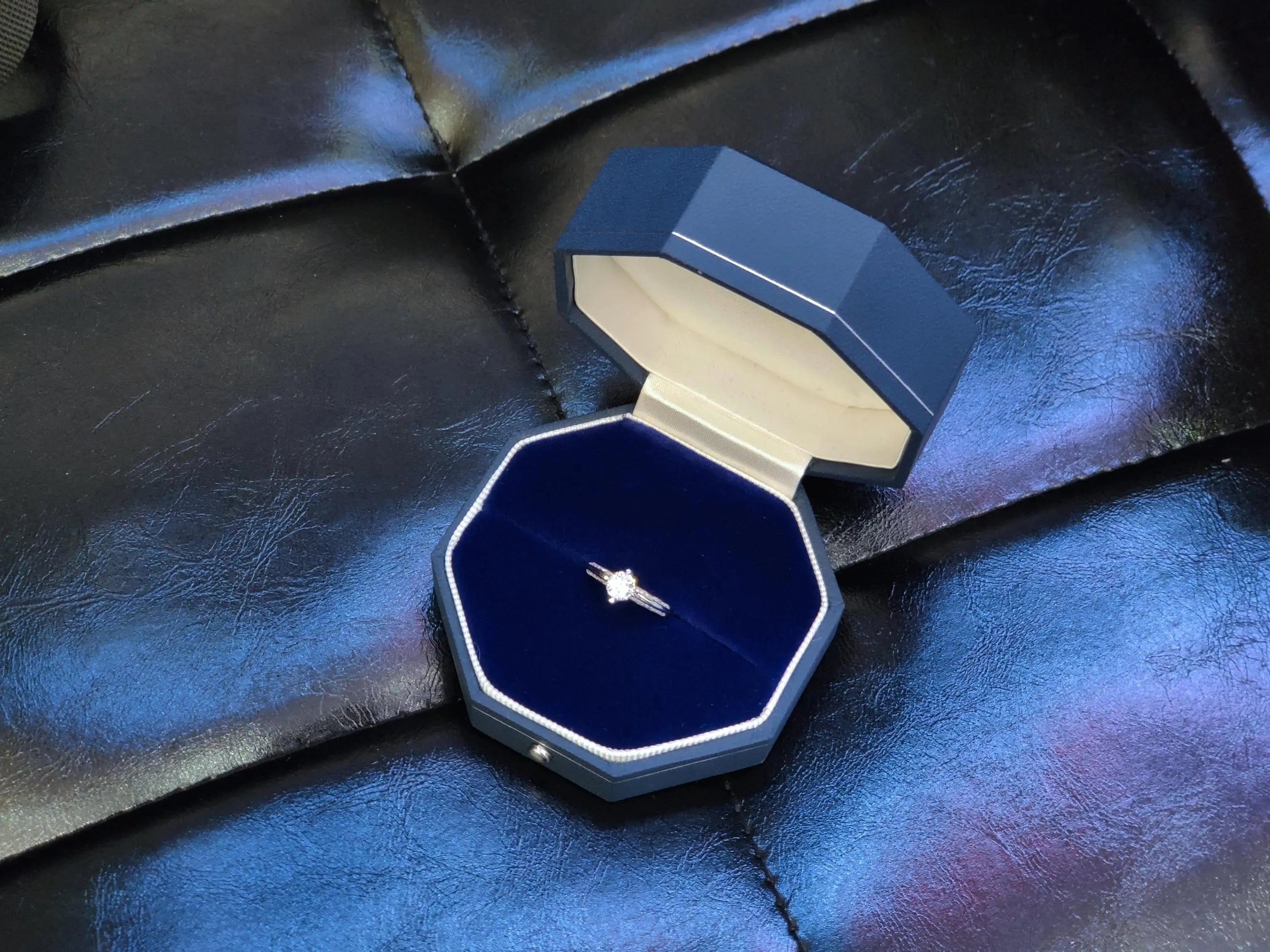 Flannel and Leather Ring Earrings Box Double Octagon - Sapphire Blue  | Double Octagon Box - Engagement & Wedding Set Elegant Keepsake Box - LaCorserArtJewelry