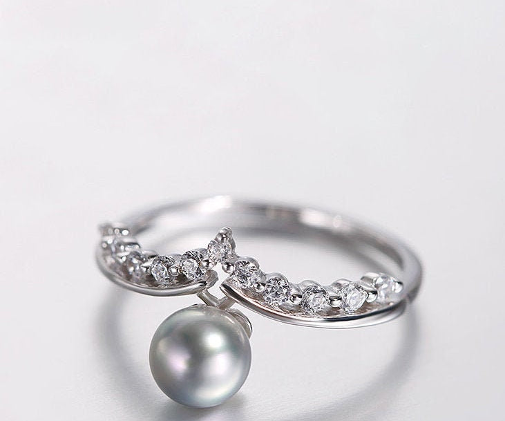 Natural Seawater Pearl Akoya Pearl Handmade 14K Solid White Gold Akoya Pearl Ring, Silver Pearl Ring, Gift Idea, Crown Ring, Cluster Ring Etsy