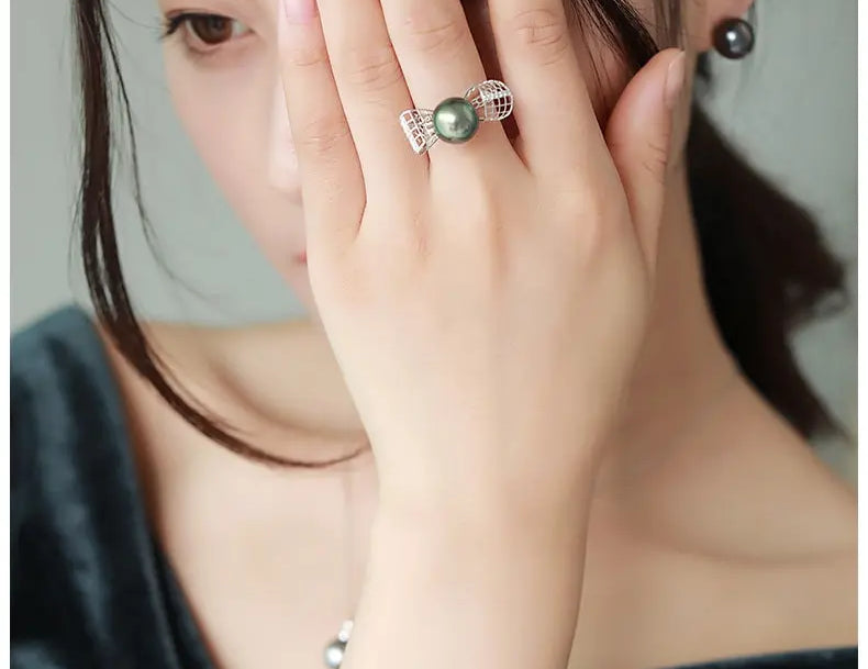Hollow Out Desgin Tahitian Peacock Green Pearl 18k Ring, 18K Solid White Gold Ring, Carved Ring, Valentine's Day Gift Idea for Her Etsy
