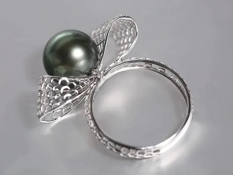 Hollow Out Desgin Tahitian Peacock Green Pearl 18k Ring, 18K Solid White Gold Ring, Carved Ring, Valentine's Day Gift Idea for Her Etsy