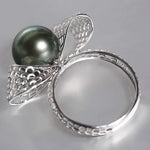 Hollow Out Desgin Tahitian Peacock Green Pearl 18k Ring, 18K Solid White Gold Ring, Carved Ring, Valentine's Day Gift Idea for Her Etsy