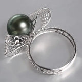 Hollow Out Desgin Tahitian Peacock Green Pearl 18k Ring, 18K Solid White Gold Ring, Carved Ring, Valentine's Day Gift Idea for Her Etsy