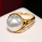 11mm Natural South Sea White Pearl & White Diamond 18K Solid Yellow Gold White Pearl Ring, Seawater Pearl, Gift Idea,  Carved Ring Etsy