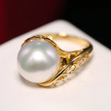 11mm Natural South Sea White Pearl & White Diamond 18K Solid Yellow Gold White Pearl Ring, Seawater Pearl, Gift Idea,  Carved Ring Etsy