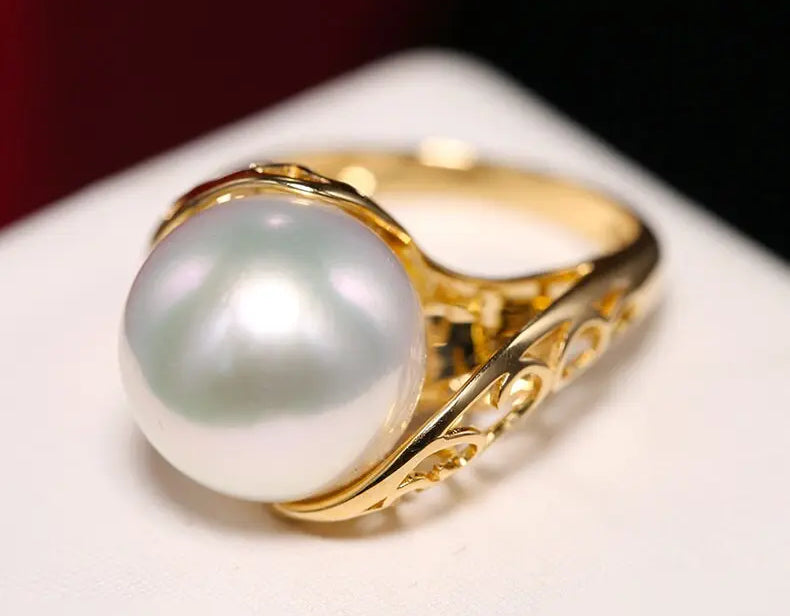 11mm Natural South Sea White Pearl & White Diamond 18K Solid Yellow Gold White Pearl Ring, Seawater Pearl, Gift Idea,  Carved Ring Etsy