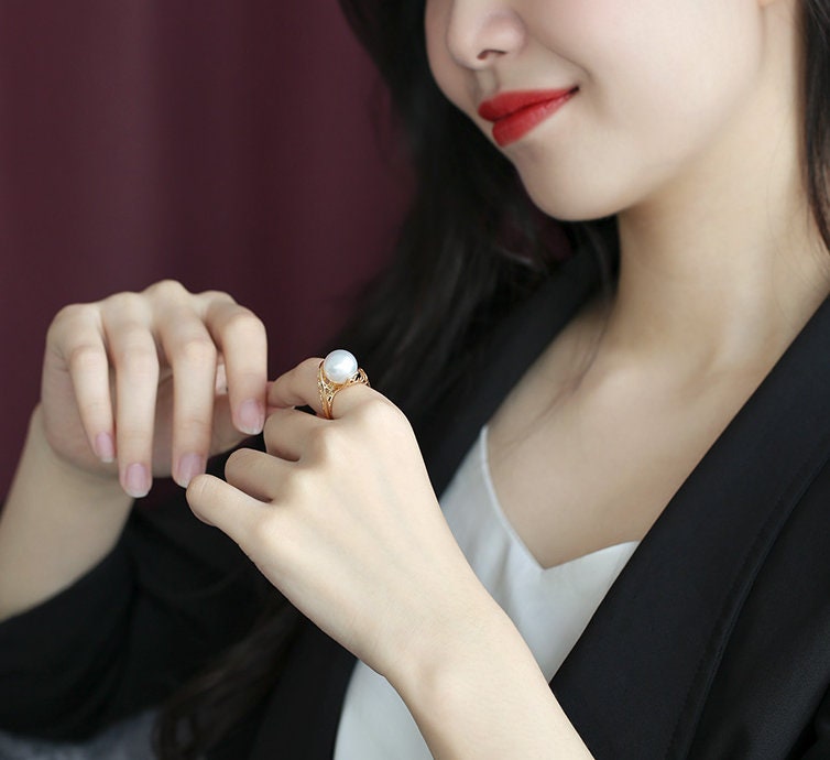 Hollow Out Pearl 18k Ring, Natural South Sea White Pearl & White Diamond, 18K Solid Yellow Gold Ring, Valentine's Day Gift Idea for Her Mom Etsy