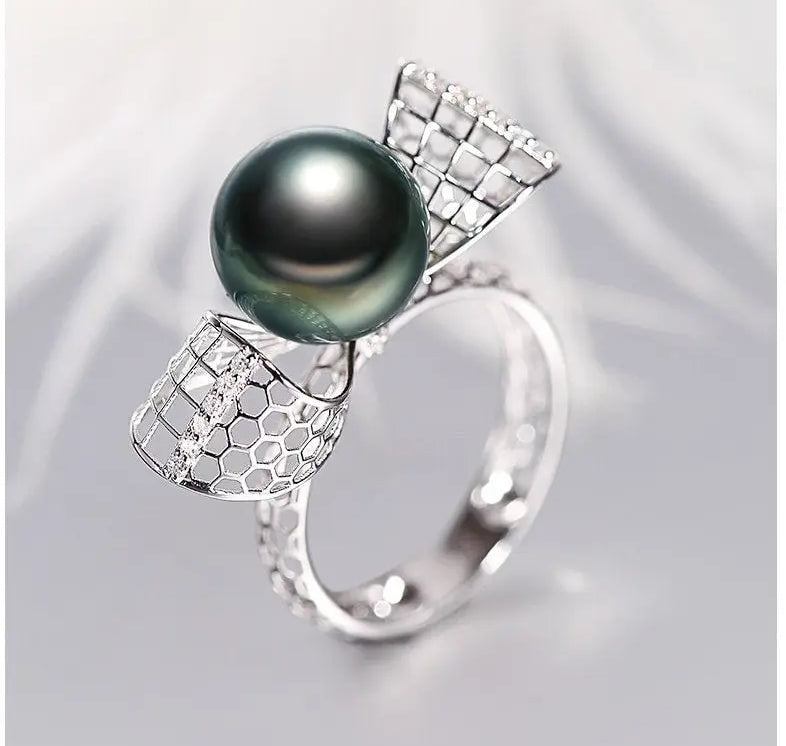 Hollow Out Desgin Tahitian Peacock Green Pearl 18k Ring, 18K Solid White Gold Ring, Carved Ring, Valentine's Day Gift Idea for Her Etsy