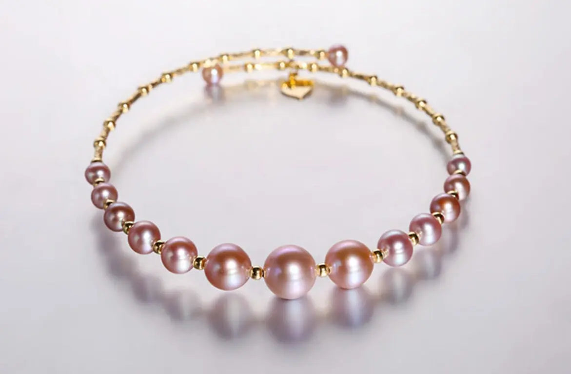 3.5-7.5mm Natural Pink Purple High Luster Pearl Bangles, 18k Yellow Gold Handmade Bangles, Pink Rose Tone Pearl Beaded Bangles, Gift Idea Etsy