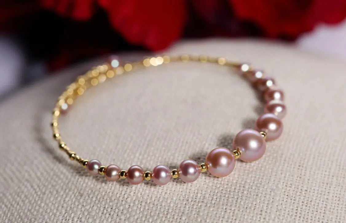 3.5-7.5mm Natural Pink Purple High Luster Pearl Bangles, 18k Yellow Gold Handmade Bangles, Pink Rose Tone Pearl Beaded Bangles, Gift Idea Etsy