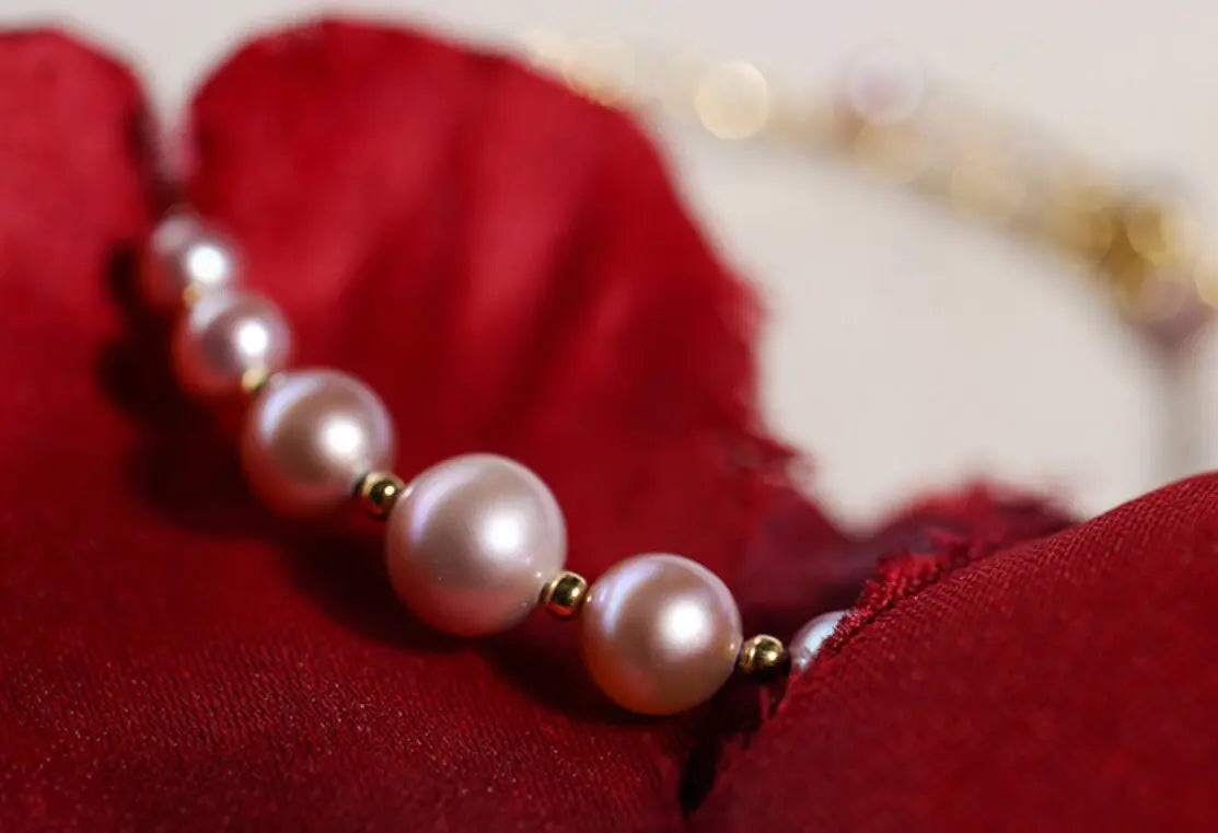 3.5-7.5mm Natural Pink Purple High Luster Pearl Bangles, 18k Yellow Gold Handmade Bangles, Pink Rose Tone Pearl Beaded Bangles, Gift Idea Etsy